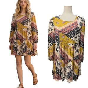 Womens M Mini Boho Long Sleeve Multicolor Floral Patchwork Babydoll Tier Feminin